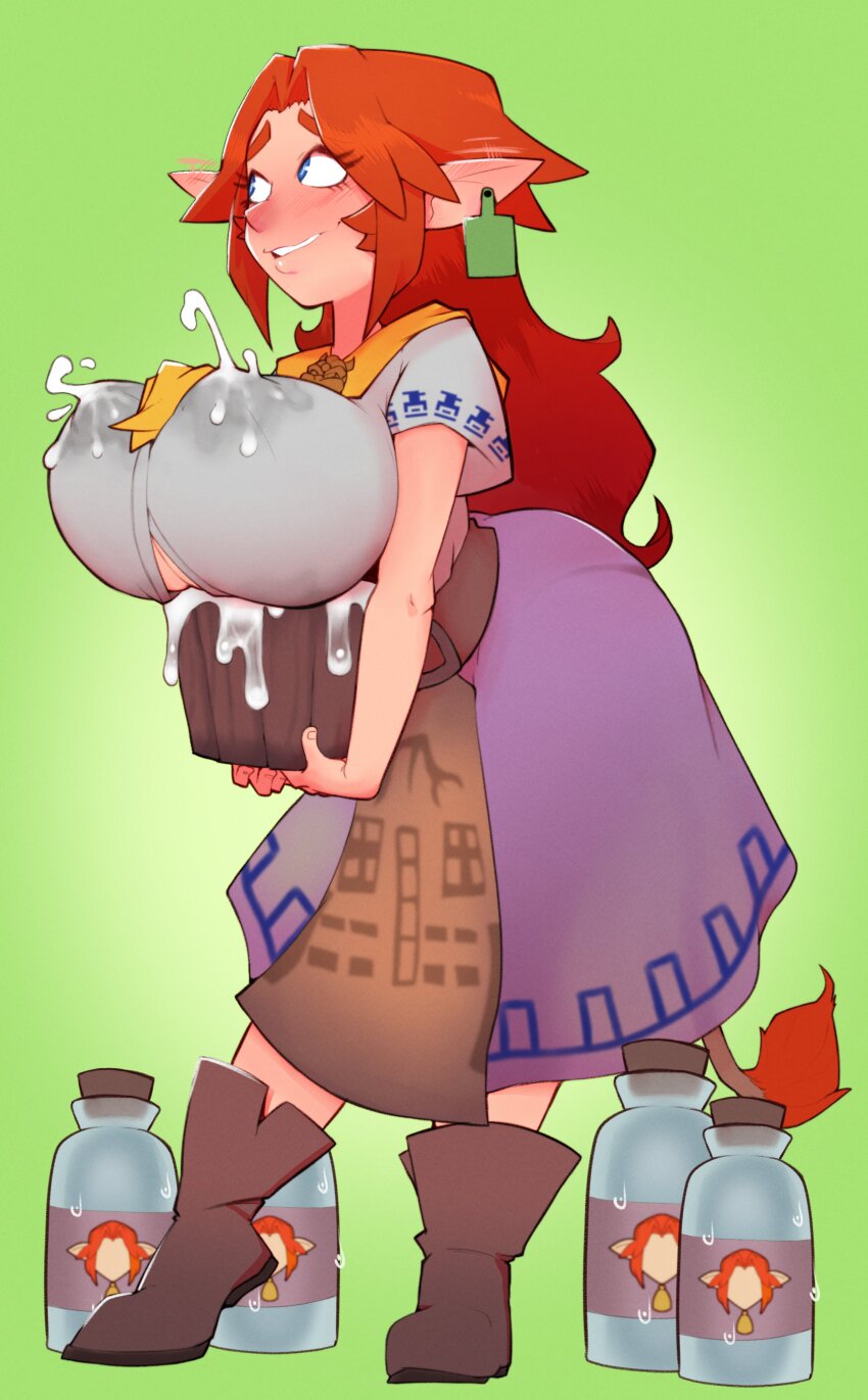1girl absurdres blue_eyes blush boots bottle breasts cow_tail cremia female_focus full_body highres huge_breasts lactation lactation_through_clothes long_hair lurkinpanda malon milk_bottle nintendo pointy_ears red_hair solo tail the_legend_of_zelda the_legend_of_zelda:_majora&#039;s_mask the_legend_of_zelda:_ocarina_of_time