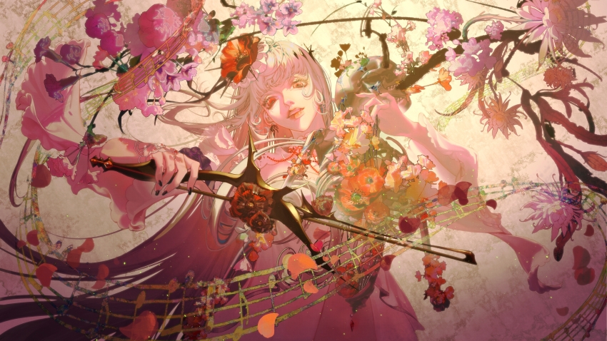 1girl absurdres bow_(music) branch bridal_gauntlets chinese_commentary collar commentary coquelic_(path_to_nowhere) detached_sleeves epiphyllum fascinator flower frilled_collar frills highres holding holding_bow_(music) instrument leaf lips long_hair looking_down music musical_note open_mouth pansy path_to_nowhere playing_instrument poppy_(flower) purple_flower purple_pansy red_eyes red_flower shilan skeleton skull solo musical_staff teardrop_facial_mark thorns upper_body very_long_hair white_flower white_hair wide_sleeves