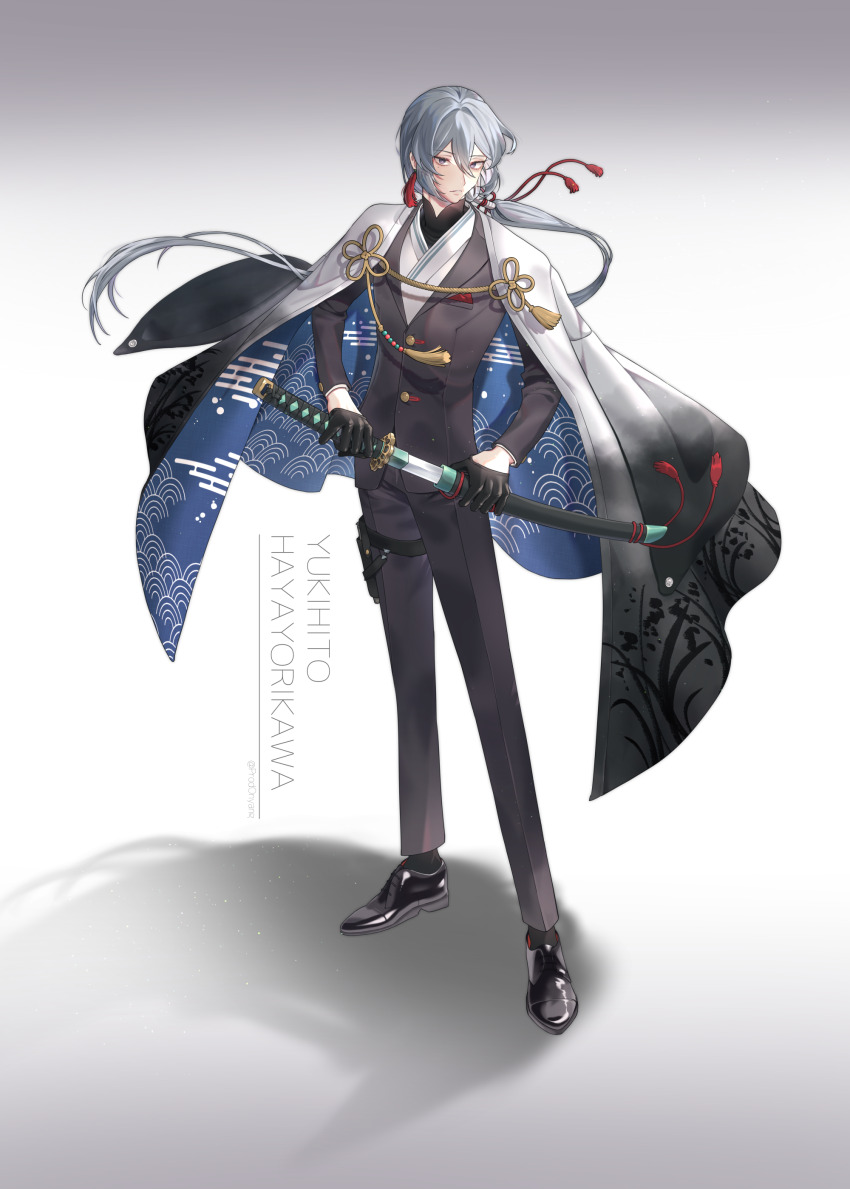 1boy absurdres black_coat black_gloves black_jacket black_pants black_shirt black_shoes black_socks black_suit blue_coat character_name coat coat_on_shoulders earrings egasumi flower_knot fold-over_collar formal_clothes full_body gloves gradient_clothes gradient_coat grey_background grey_hair hair_between_eyes hair_ornament hair_ribbon haori highres holding holding_sheath holding_sword holding_weapon jacket japanese_clothes jewelry katana long_hair long_sleeves looking_at_viewer low_ponytail male_focus mandarin_collar mole mole_under_eye onyang original oxfords pants parted_lips ponytail pouch purple_eyes red_ribbon ribbon seigaiha shadow sheath shirt shoes sideways_glance simple_background single_earring socks solo standing suit suit_jacket sword tassel tassel_earrings tassel_hair_ornament thigh_pouch two-sided_coat two-sided_fabric unsheathing very_long_hair weapon white_coat white_shirt