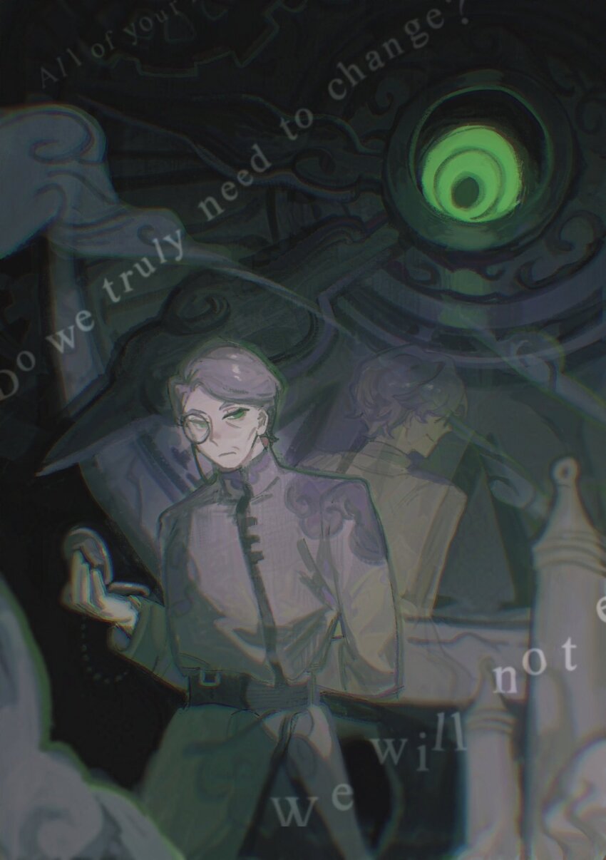 1boy belt black_background clock closed_mouth cloud green_eyes grey_belt grey_hair grey_shirt highres hokma_(project_moon) holding holding_pocket_watch lobotomy_corporation long_sleeves looking_at_viewer male_focus monocle oneii pocket_watch project_moon shirt short_hair solo standing upper_body watch