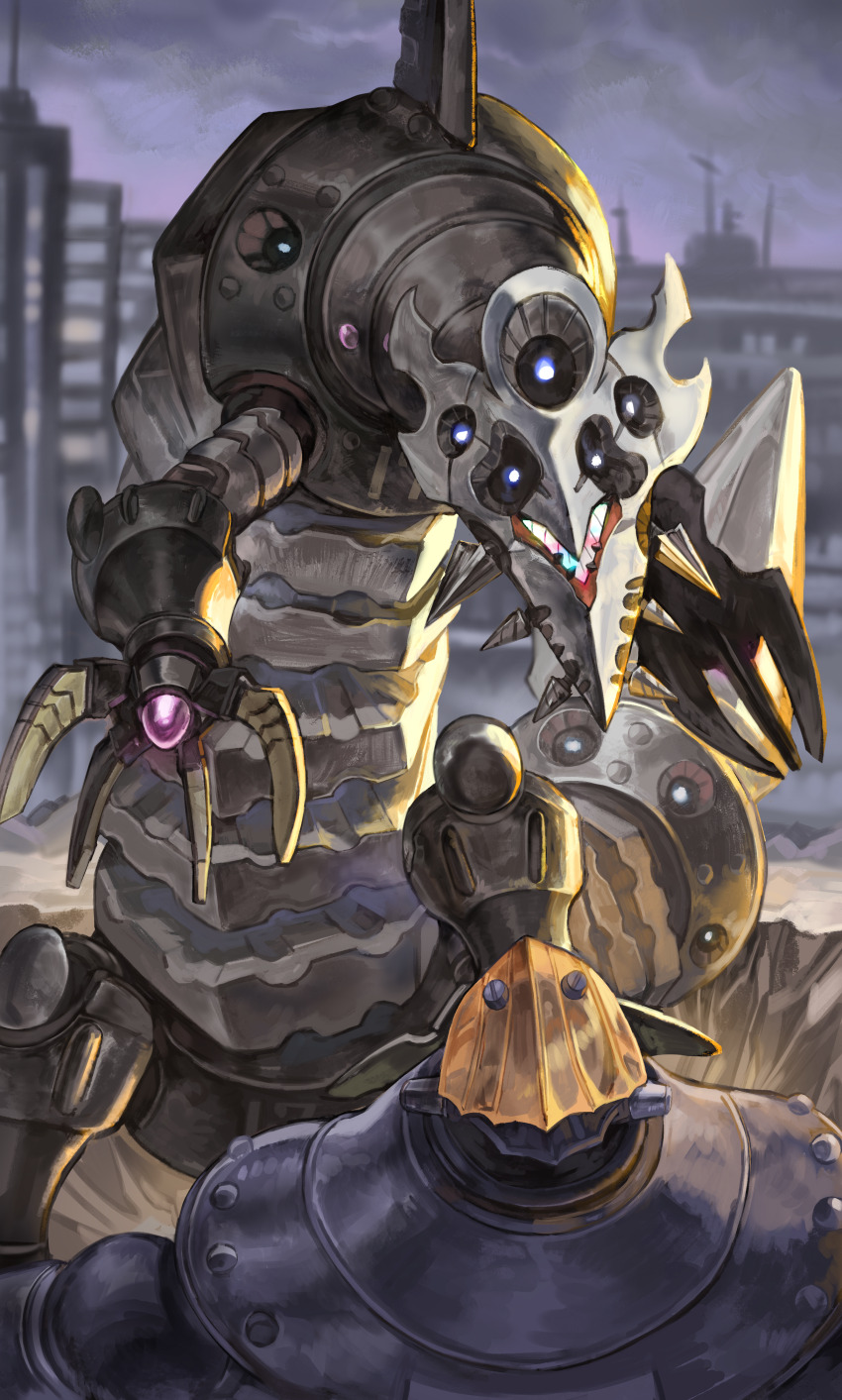 absurdres battle big_o_(mecha) blurry blurry_background city commentary extra_eyes fighting fish grey_background highres kaiju level-00 leviathan_(big_o) mecha no_humans outdoors robot the_big_o