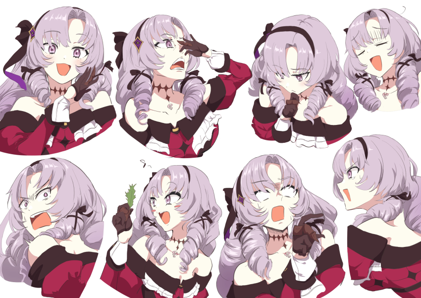 1girl :d bare_shoulders brown_gloves brown_hairband brown_ribbon covering_nose dress drill_hair empty_eyes multiple_expressions gloves hair_ribbon hairband highres holding holding_leaf hyakumantenbara_salome hyakumantenbara_salome_(1st_costume) leaf long_hair long_sleeves looking_at_viewer multiple_views nijisanji off_shoulder open_mouth pre_sktch purple_eyes purple_hair red_dress ribbon simple_background smile virtual_youtuber