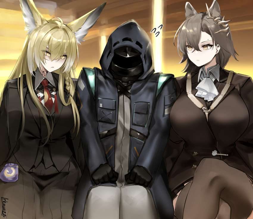 1other 2girls animal_ears arknights black_coat black_gloves black_jacket blonde_hair breast_pocket brown_hair brown_jacket brown_thighhighs clenched_hands closed_mouth coat commentary cowboy_shot crossed_legs doctor_(arknights) english_commentary eyes_visible_through_hair facial_scar flying_sweatdrops girl_sandwich gloves group_picture hair_behind_ear hair_between_eyes hands_on_own_knees highres hood hood_up hooded_coat irkawaza jacket long_hair long_sleeves looking_at_another medium_hair mole mole_above_eye multiple_girls necktie nervous penance_(arknights) pocket red_necktie ribbon-trimmed_hood ribbon_trim sandwiched scar scar_on_cheek scar_on_face sitting thighhighs vulpisfoglia_(arknights) yellow_eyes