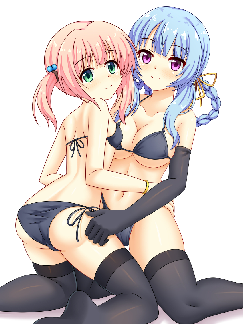 2girls absurdres ass bikini black_bikini black_panties blue_hair breasts christine_ketoura elbow_gloves gloves green_eyes highres iris_mysteria! large_breasts multiple_girls olivie_cromwright panties pink_hair purple_eyes smile swimsuit tamba_i thighhighs thighs underwear white_background yuri