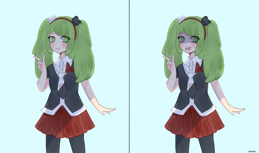 1girl artist_name bear_hair_ornament black_leggings black_skirt blue_background blush bow child closed_mouth cosplay danganronpa_(series) danganronpa_3_(anime) danganronpa_another_episode:_ultra_despair_girls enoshima_junko enoshima_junko_(cosplay) eyebrows eyelashes female_focus finger_gun green_eyes green_hair hair_ornament hairband hand_up headband highres leggings looking_at_viewer matching_hair/eyes motiveac multiple_views necktie open_mouth red_bow red_hairband red_headband red_skirt short_sleeves signature simple_background skirt smile standing teeth towa_monaca twintails upper_teeth_only