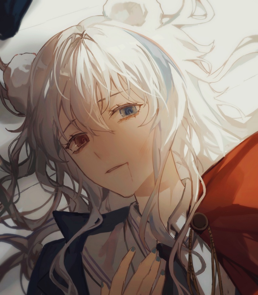 1girl animal_ears arknights bear_ears bear_girl black_necktie blood blood_from_mouth blue_eyes blue_nails bruise bruise_on_face cape collared_shirt hair_between_eyes heterochromia highres injury long_hair looking_at_viewer messy_hair multicolored_hair nail_polish necktie portrait qinglai_haiji red_cape red_eyes rosa_(arknights) shirt side_cape sideways_glance solo streaked_hair white_hair