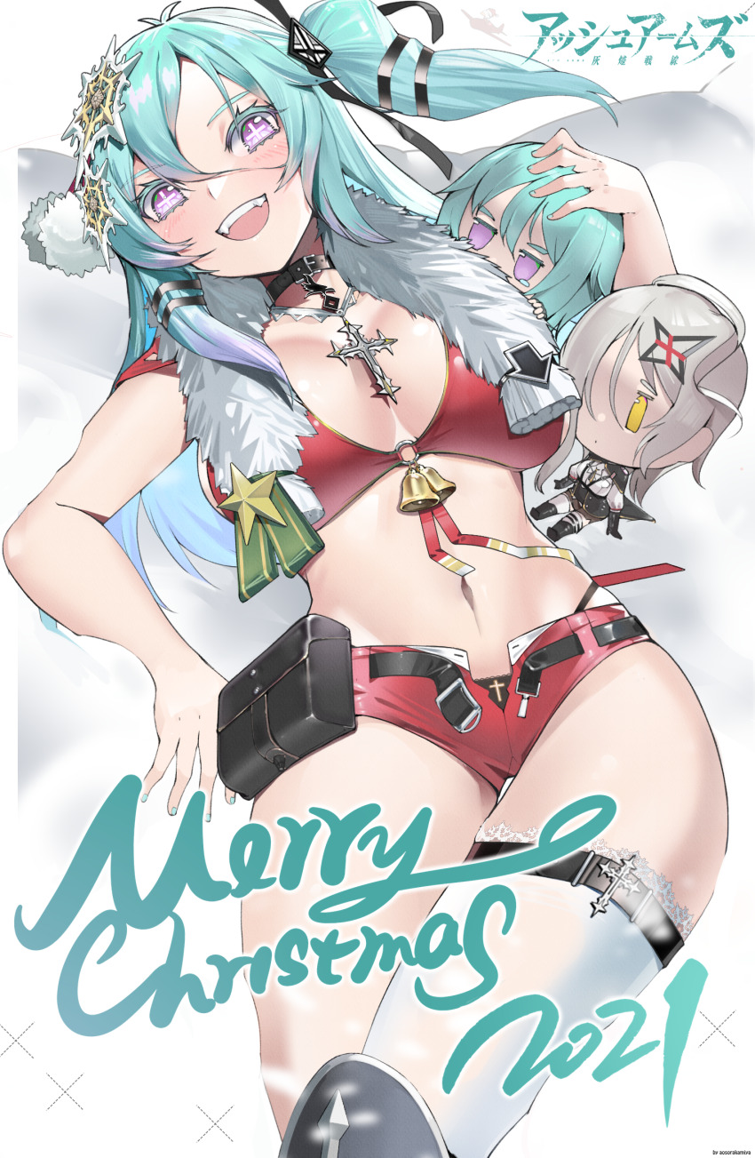 1girl 2021 aosora_kamiya arrow_(symbol) ash_arms bell belt bikini bikini_top_only black_choker black_panties black_ribbon blue_eyes character_doll choker christmas coelian_(ash_arms) commentary copyright_name cowboy_shot cross cross-shaped_pupils cross_necklace doll english_text fur_scarf green_hair hair_ornament hair_ribbon highleg highleg_panties highres holding holding_doll jewelry leg_support long_hair looking_at_viewer merry_christmas micro_shorts midriff navel necklace o-ring o-ring_bikini one_side_up open_belt open_mouth panties panty_peek pouch red_bikini red_shorts ribbon santa_costume shorts single_thighhigh smile snow snowflake_hair_ornament solo standing star_ornament swimsuit symbol-shaped_pupils thigh_gap thighhighs underwear white_thighhighs