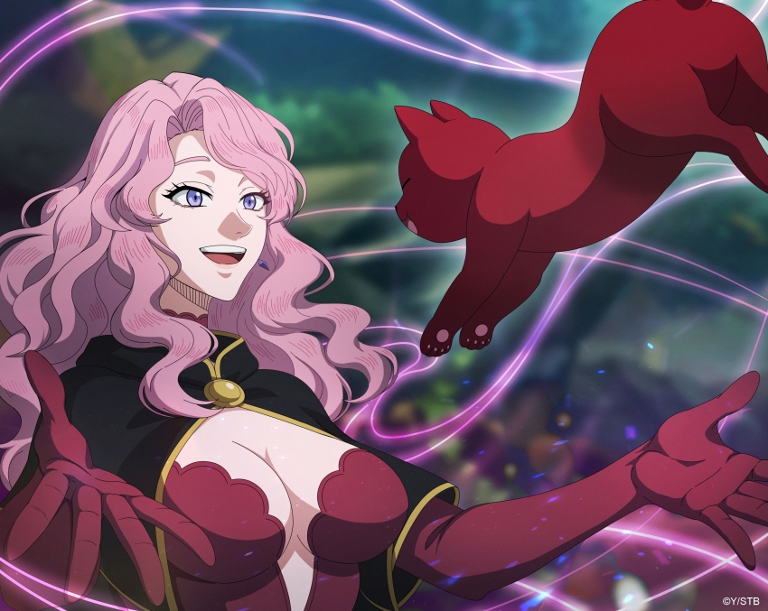 1girl black_capelet black_clover black_clover_m:_rise_of_the_wizard_king breasts capelet cat cleavage corset elbow_gloves gloves highres large_breasts long_hair looking_at_another official_alternate_costume official_art open_mouth pink_hair purple_eyes red_cat red_corset red_gloves teeth upper_body upper_teeth_only vanessa_enoteca