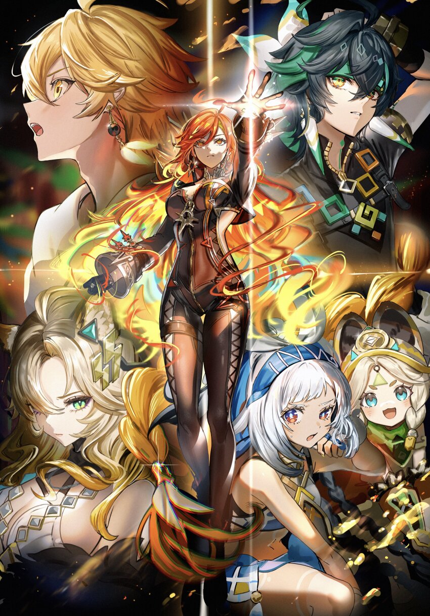 2boys 4girls absurdres aether_(genshin_impact) ahoge animal_ears biker_clothes bikesuit black_background black_bodysuit black_gloves black_shirt blonde_hair blue_eyes blue_hairband blush bodysuit braid breasts chinchilla_ears chinchilla_girl cleavage commentary_request earrings fiery_hair fingerless_gloves gawako genshin_impact gloves green_eyes green_headband hair_between_eyes hairband hand_on_own_head hawaiian_clothes headband highres jaguar_ears jaguar_girl jewelry kachina_(genshin_impact) kinich_(genshin_impact) large_breasts large_earrings low_twin_braids mavuika_(genshin_impact) mualani_(genshin_impact) multicolored_eyes multiple_boys multiple_girls navel open_mouth orange_eyes orange_hair orange_pupils outstretched_hand scarf shirt single_earring spiked_ear_piercing squatting sun_earrings symbol_in_eye tan twin_braids two-tone_eyes visor_cap white_hair white_scarf wide_sleeves xilonen_(genshin_impact) yellow_eyes zipper zipper_pull_tab