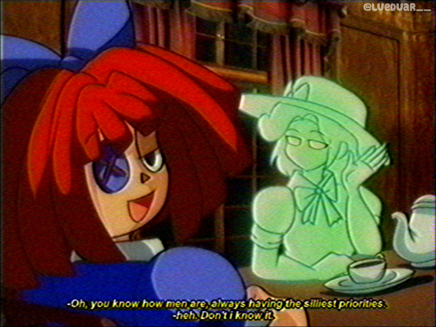 1990s_(style) 2girls blue_bow bow button_eyes buttons character_request commentary cup english_commentary english_text ghost hair_bow indoors lueduar martha_mildenhall medium_hair multiple_girls open_mouth ragatha_(the_amazing_digital_circus) red_hair retro_artstyle smile subtitled the_amazing_digital_circus twitter_username upper_body vhs_artifacts