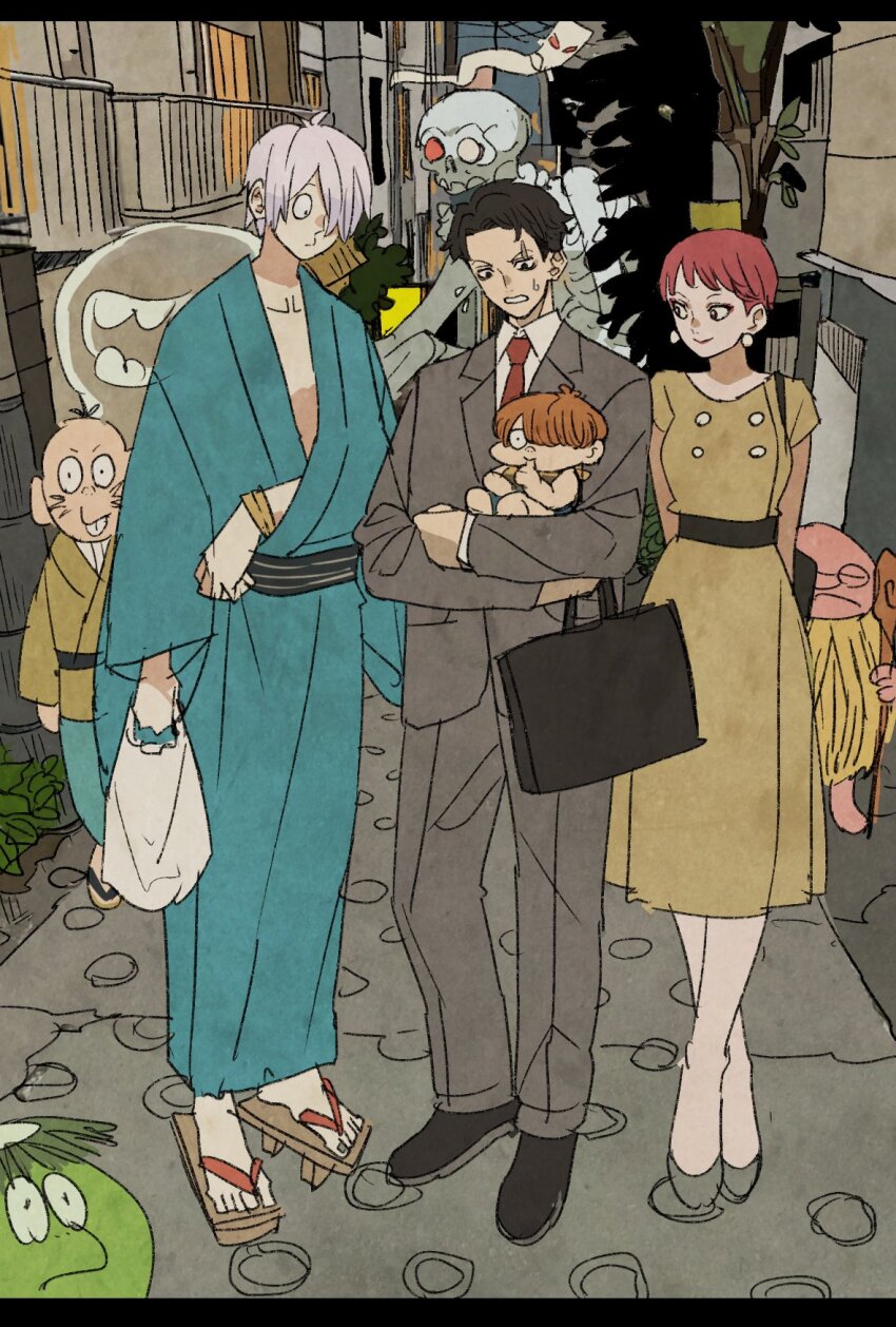 1girl 2boys baby bag black_suit_(blue_archive) business_suit carrying_baby carrying_person dress family formal_clothes gegege_no_kitarou geta ghost highres house ittan_momen iwako japanese_clothes kappa kimono kitarou kitarou_tanjou:_gegege_no_nazo medama_oyaji multiple_boys multiple_others necktie nezumi_otoko obi one_eye_closed sash shouwa skelton suit takeuchi_ryousuke traditional_youkai yellow_dress yukata