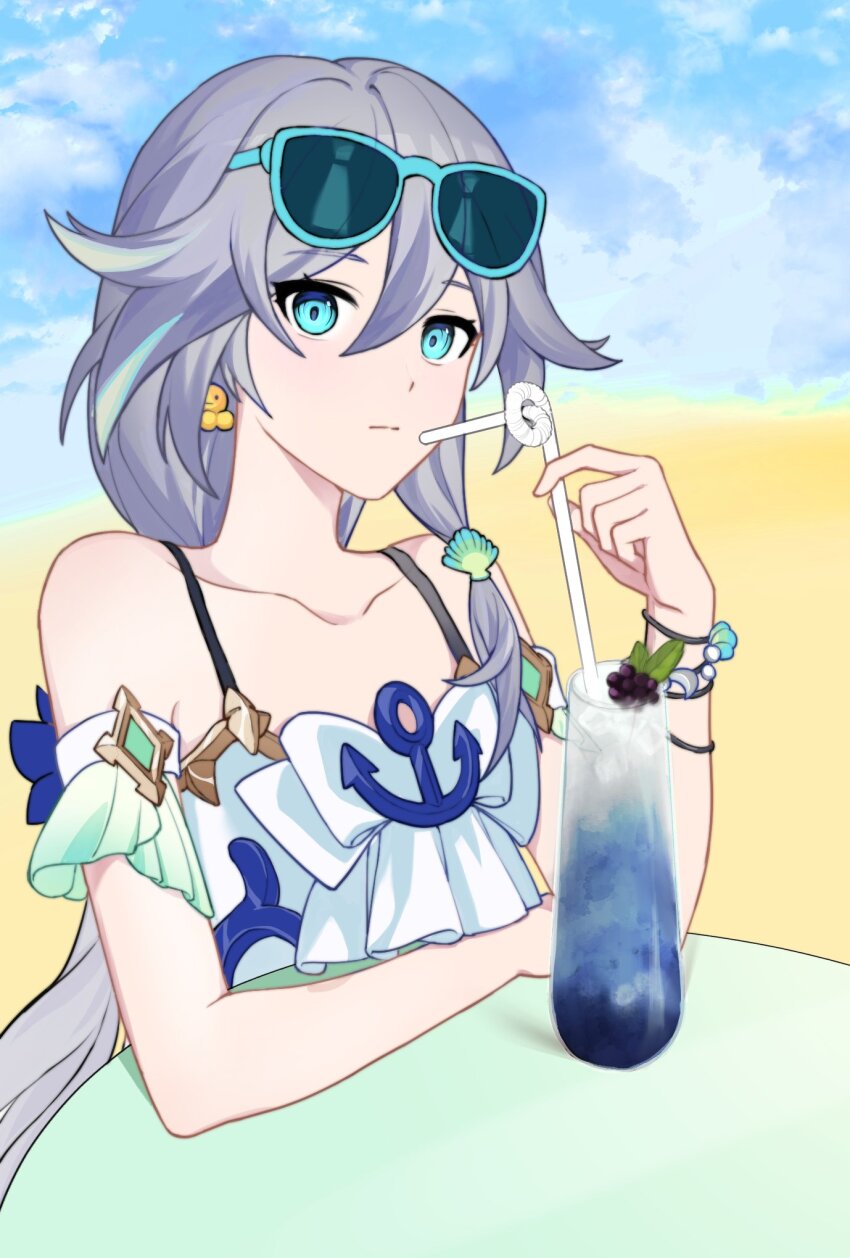 1girl beach bikini blonde_hair blue_background blue_eyes blue_hair blue_sky closed_mouth cloud cloudy_sky drinking_straw eyewear_on_head food fruit fu_hua fu_hua_(seagull&#039;s_soar) fu_hua_(shadow_knight) grape_juice grapes grey_hair hair_between_eyes hair_ornament hand_on_table highres honkai_(series) honkai_impact_3rd jewelry jonie_0624 juice long_hair looking_at_viewer low-tied_long_hair low_ponytail multicolored_hair official_alternate_costume ponytail sky sleeveless solo streaked_hair sunglasses swimsuit table upper_body white_bikini white_swimsuit