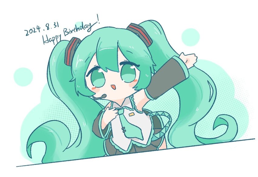 1girl aqua_eyes aqua_hair aqua_necktie arm_up black_skirt black_sleeves chibi chibi_only dated detached_sleeves grey_skirt hair_ornament happy_birthday hatsune_miku headset hyouenn long_hair long_sleeves looking_at_viewer necktie open_mouth pleated_skirt shirt skirt sleeveless sleeveless_shirt solo twintails very_long_hair vocaloid
