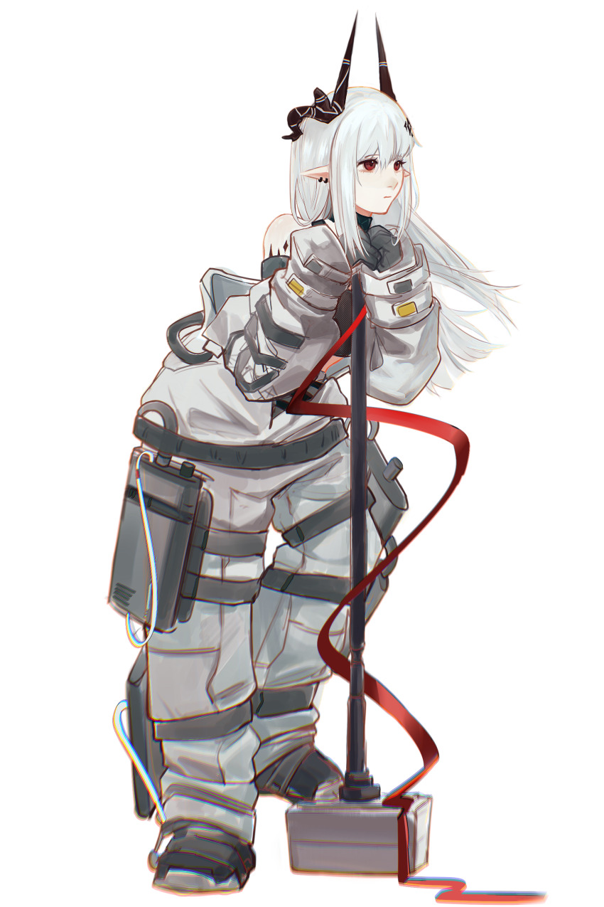 1girl absurdres arknights bare_shoulders black_gloves black_horns chinese_commentary chromatic_aberration closed_mouth commentary_request ear_piercing full_body gloves grey_hair hair_between_eyes hammer highres horns infection_monitor_(arknights) jumpsuit leaning leaning_forward long_hair long_sleeves looking_ahead material_growth mudrock_(arknights) mudrock_(elite_ii)_(arknights) off_shoulder oripathy_lesion_(arknights) piercing pointy_ears red_eyes red_ribbon ribbon simple_background sledgehammer solo standing weapon yean_(eucalypt)