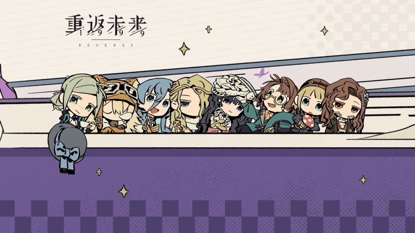 2boys 37_(reverse:1999) 6+girls 6_(reverse:1999) :d :o animal_ear_headwear aviator_cap black_coat black_hair blonde_hair blue_eyes blue_hair boater_hat bob_cut bow braces brown_coat brown_hair brown_hat brown_jacket chibi circlet coat copyright_name cup dress ezra_theodore fake_animal_ears glasses goggles goggles_on_headwear green_eyes green_hat green_jacket grey_eyes grey_hair grey_hat hair_between_eyes hair_bun hat hat_bow highres holding holding_cup holding_mushroom isolde_(reverse:1999) jacket kakania_(reverse:1999) lilya_(reverse:1999) logo long_hair multiple_boys multiple_girls mushroom nose_bubble official_art open_mouth reverse:1999 short_hair side-by-side single_side_bun sleeping smile teacup tooth_fairy_(reverse:1999) unworn_headwear veil vertin_(reverse:1999) white_dress white_hat white_veil yellow_background