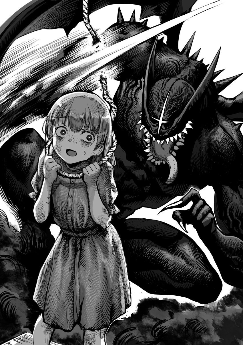 1girl 1other attempted_suicide black_skin colored_skin commentary_request cutting demon demon_wings dress fingernails freckles gibagiba greyscale highres holding holding_rope long_tongue medium_hair monochrome motion_blur no_eyes noose open_mouth original outdoors rope rope_around_neck sharp_fingernails sharp_teeth short_sleeves spikes sweatdrop teeth tongue wings
