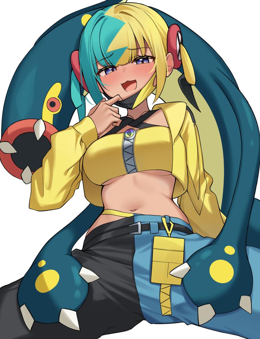 1girl :d absurdres aqua_hair bilingual_commentary blonde_hair blue_eyes blush breasts canari_(pokemon) commentary dark-skinned_female dark_skin eelektross english_commentary gen_5_pokemon highres korean_commentary mask mask_pull medium_breasts mixed-language_commentary mouth_mask multicolored_hair navel nintendo open_mouth pants pokemon pokemon_(creature) pokemon_legends:_z-a sitting smile split-color_hair spread_legs twintails two-tone_hair two-tone_pants ziro_(zirorong)