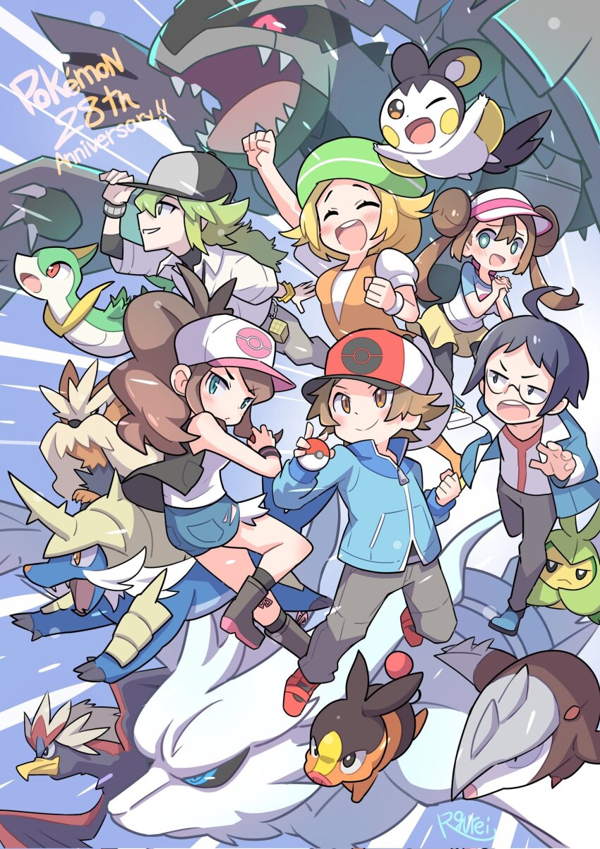 3boys 3girls baseball_cap bianca_(pokemon) blonde_hair braviary brown_hair cheren_(pokemon) clenched_hand closed_eyes corrupted_twitter_file emolga excadrill gen_5_pokemon glasses green_hair hat highres hilbert_(pokemon) hilda_(pokemon) holding holding_poke_ball jacket legendary_pokemon long_hair multiple_boys multiple_girls n_(pokemon) nintendo one_eye_closed open_clothes open_jacket open_mouth own_hands_together pants poke_ball poke_ball_(basic) pokemon pokemon_(creature) pokemon_bw pokemon_bw2 pokemon_day reshiram rgurei0529 rosa_(pokemon) samurott servine sharp_teeth shoes shorts stoutland swadloon teeth tepig visor_cap zekrom