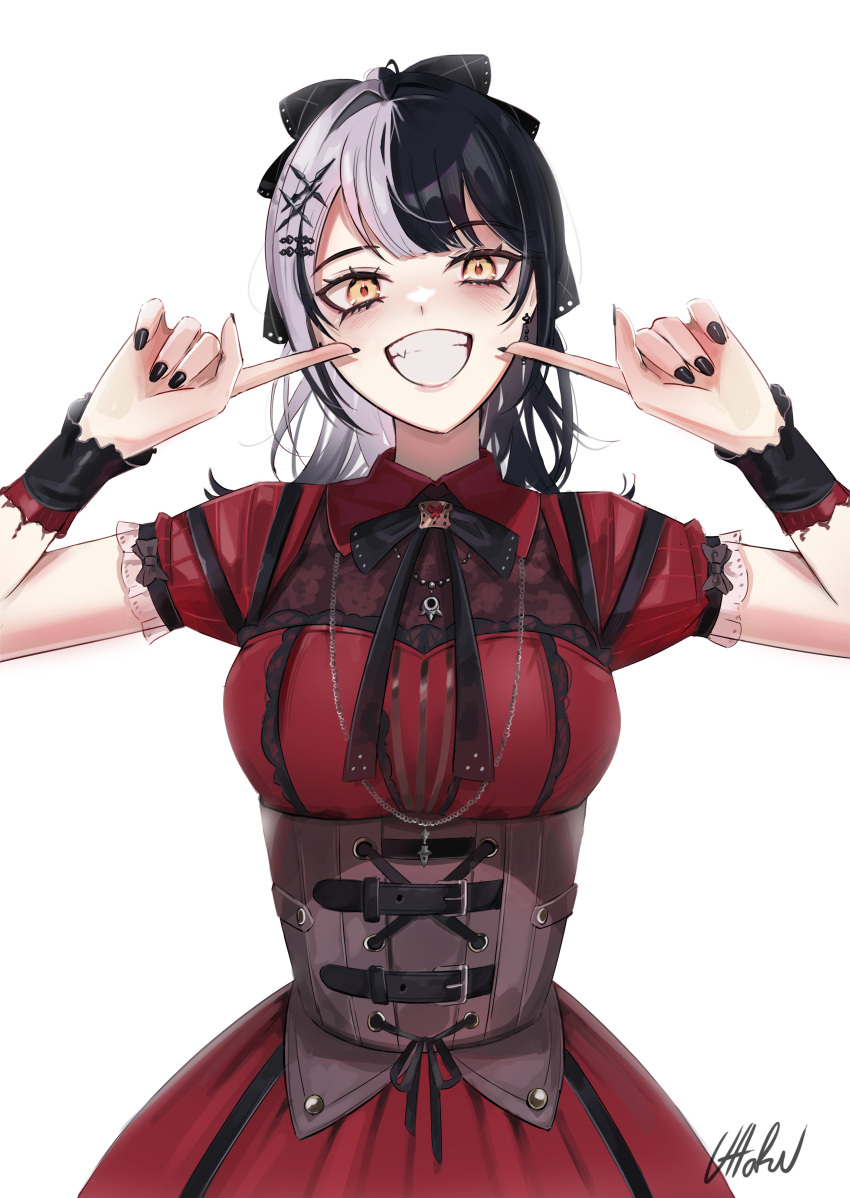 1girl absurdres black_corset black_hair black_nails black_ribbon corset dress grey_hair grin highres hololive hololive_english jewelry long_hair looking_at_viewer multicolored_hair necklace official_alternate_costume official_alternate_hairstyle ponytail red_dress ribbon shiori_novella shiori_novella_(casual) simple_background smile solo split-color_hair teeth two-tone_hair uharntan virtual_youtuber white_background yellow_eyes