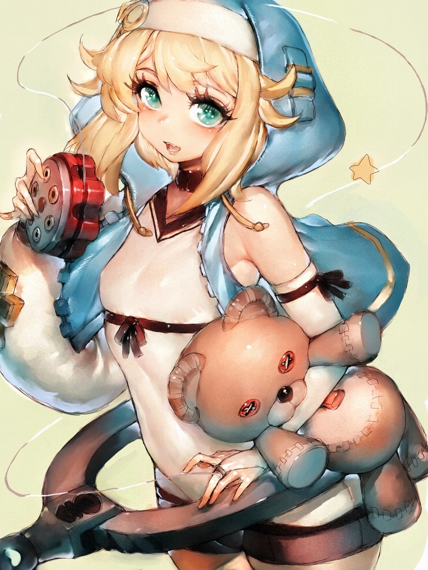 1boy androgyne_symbol aqua_eyes bare_legs bare_shoulders bike_shorts black_gloves black_ribbon blonde_hair blue_jacket blush bridal_gauntlets bridget_(guilty_gear) choker cross cuffs detached_sleeves drawstring eyelashes fingerless_gloves fumio_(rsqkr) gears gloves guilty_gear guilty_gear_strive habit hair_between_eyes hand_on_own_hip handcuffs heart highres hood hoodie jacket legs_together long_sleeves looking_at_viewer medium_hair navel open_mouth pleated_skirt ribbon roger_(guilty_gear) shorts sidelocks skirt star_(symbol) stuffed_animal stuffed_toy teddy_bear trap yo-yo