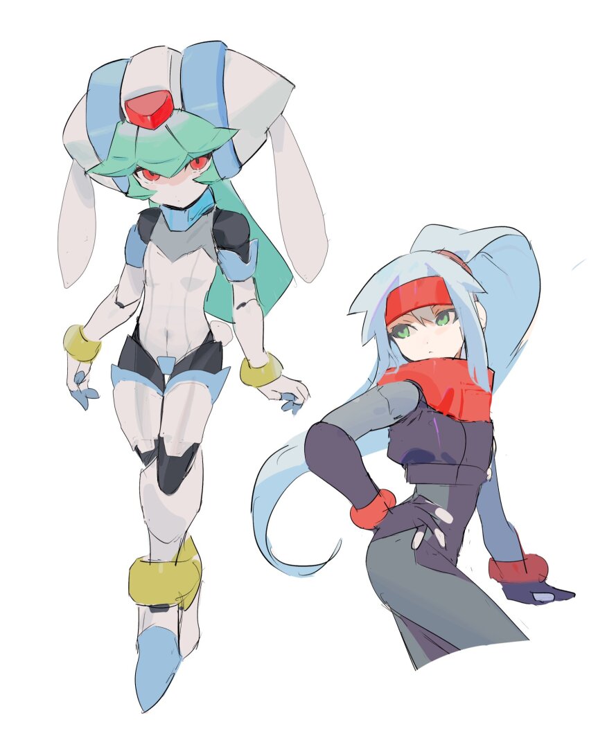 2girls adapted_costume ashe_(mega_man) blue_hair cowboy_shot crotch_plate flat_chest full_body green_eyes green_hair headband helmet high_ponytail highres leotard light_blue_hair long_hair looking_at_viewer mayutsuba_mono mega_man_(series) mega_man_zx mega_man_zx_advent model_a_(mega_man) model_w_(mega_man) multiple_girls no_headwear pandora_(mega_man) ponytail red_eyes red_headband simple_background sketch white_background white_helmet white_leotard