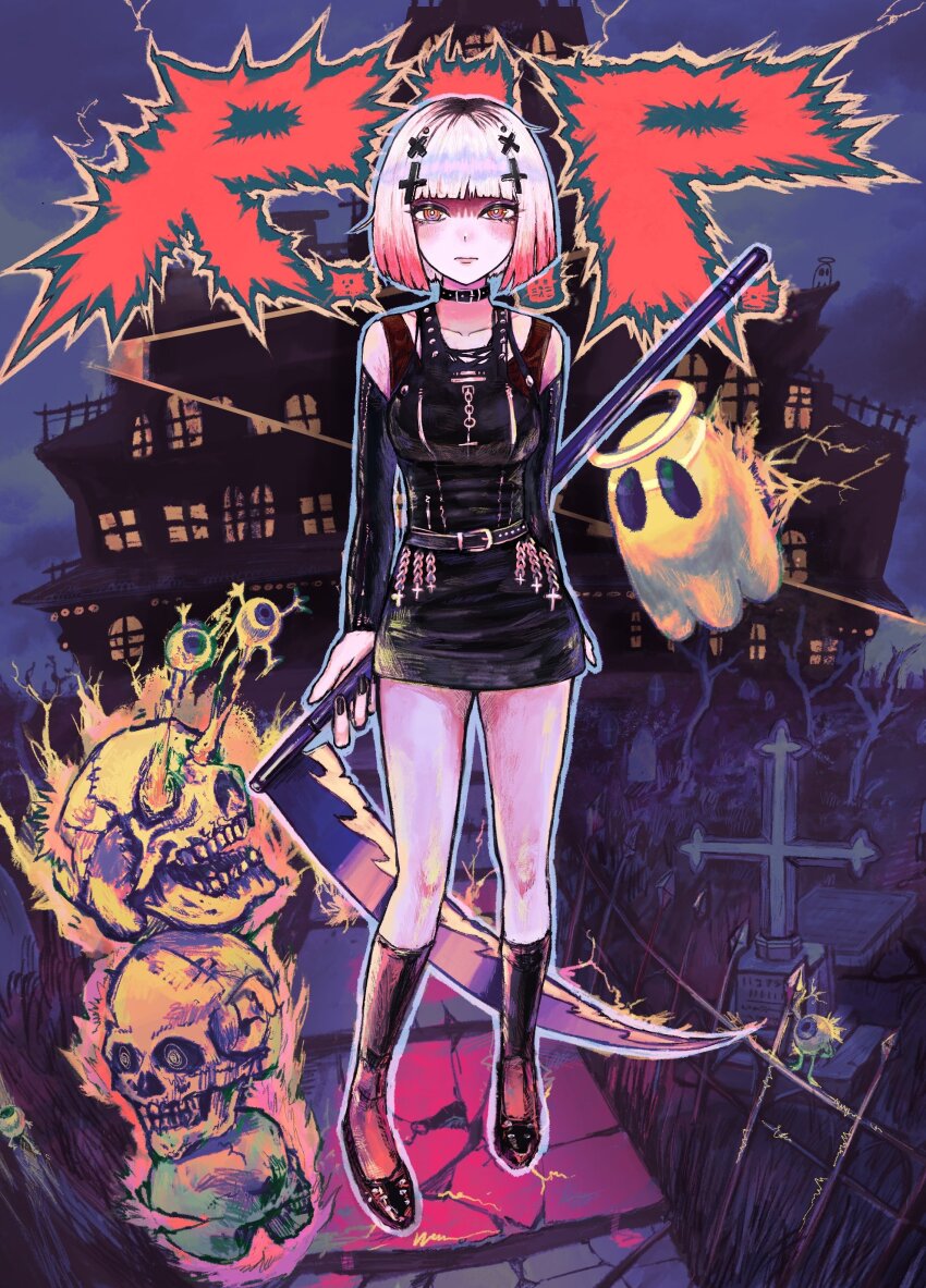 1girl absurdres bare_tree belt black_belt black_choker black_dress black_hair black_nails black_shoes black_sleeves black_socks blue_outline blunt_bangs blush breasts bright_pupils chain choker closed_mouth collarbone commentary cross_hair_ornament detached_eyes detached_sleeves dress english_commentary english_text fence full_body ghost gradient_hair graveyard hair_ornament highres holding holding_scythe long_sleeves looking_at_viewer lui_n24 medium_breasts multicolored_hair orange_eyes original outline picket_fence pink_hair purple_background scythe shoes short_hair skull socks solo standing tombstone tree white_hair white_pupils wooden_fence