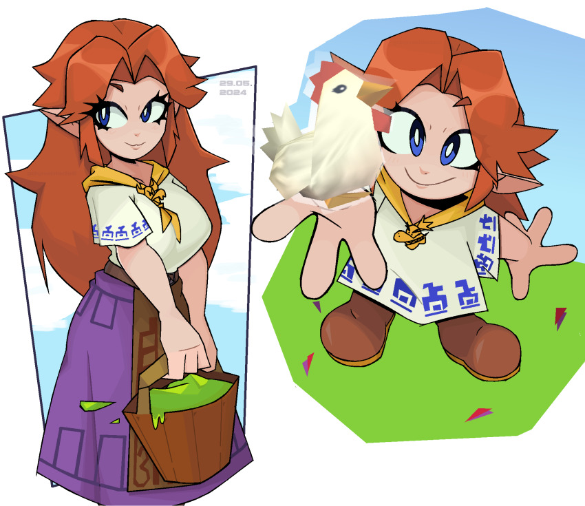 1girl 2024 aged_down aged_up apron ascot bird blue_eyes boots breasts brown_apron brown_hair bucket chicken cucco dated dress dual_persona highres holding holding_bucket long_hair long_skirt malon mendo&#039;s_art nintendo parted_bangs pointy_ears purple_skirt red_hair short_sleeves skirt smile solo the_legend_of_zelda the_legend_of_zelda:_ocarina_of_time waist_apron white_dress yellow_ascot