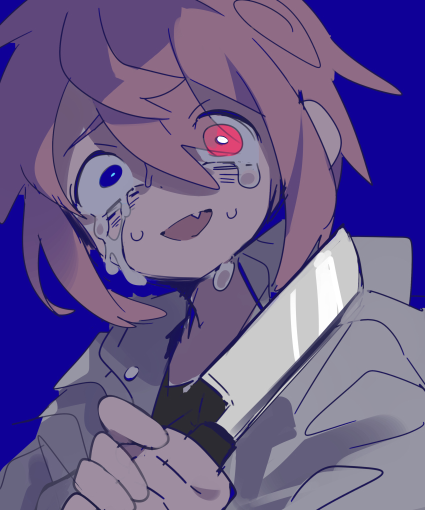 1boy absurdres attempted_suicide black_shirt blade_to_throat blue_eyes commentary_request crying crying_with_eyes_open fang furrowed_brow hair_between_eyes heterochromia highres holding holding_knife hood hood_down hoodie knife long_sleeves looking_ahead male_focus open_mouth original pink_eyes pink_hair raito-kun_(uenomigi) shirt short_hair sidelocks simple_background skin_fang solo sweat tagme tears threatening uenomigi uneven_eyes upper_body white_hoodie wide-eyed
