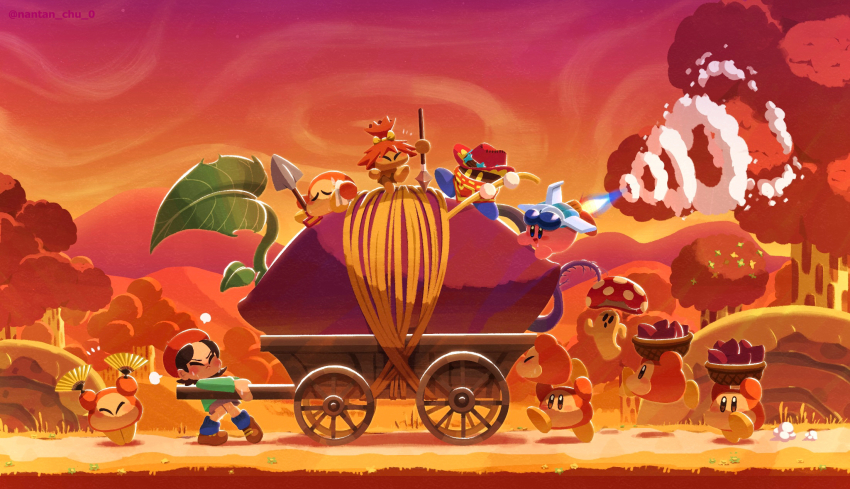 1girl adeleine beret blue_fire brown_hair cappy_(kirby) character_request cowboy_hat evening fire food fruit hat highres hill jet_kirby jetpack kirby kirby_(series) kneehighs loose_socks medium_hair nantan_chu_0 nintendo orange_headwear orange_theme outdoors skirt socks tree waddle_dee wagon wester