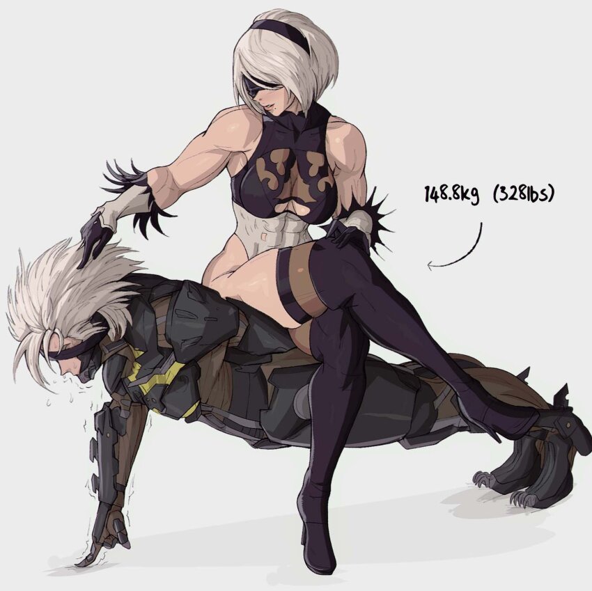 1boy 1girl 2b_(nier:automata) alternate_muscle_size black_blindfold black_boots blindfold boots breasts clothing_cutout commentary covered_abs covered_eyes crossed_legs crossover cyborg deltoids english_commentary exercising finger_push-ups girl_on_top grey_hair high_heels highres human_chair human_furniture large_breasts leotard metal_gear_(series) metal_gear_rising:_revengeance mole mole_under_mouth muscular muscular_female nier:automata nier_(series) push-ups raiden_(metal_gear) short_hair sitting sitting_on_person stiletto_heels strong thick_thighs thigh_boots thighhighs thighhighs_under_boots thighs thong_leotard trait_connection underboob_cutout weight yoracrab