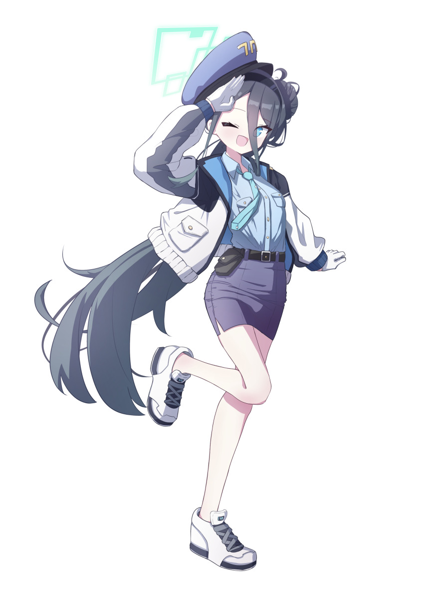 1girl 525_woiwo absurdres alternate_costume aqua_halo aris_(blue_archive) belt black_belt black_hair blue_archive blue_eyes blue_hat blue_shirt blue_skirt collared_shirt full_body gloves green_necktie halo hat highres jacket long_hair necktie one_eye_closed one_side_up open_clothes open_jacket open_mouth pencil_skirt police police_uniform policewoman rectangular_halo revision salute shirt shoes simple_background skirt smile solo very_long_hair white_background white_gloves white_jacket white_shoes