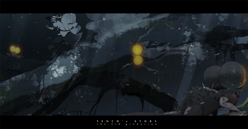 1girl animal anime_coloring backpack bag basilisk basilisk_(dark_souls) blue_hair branch bulging_eyes dark_souls_(series) dark_souls_i female_focus hat hinanawi_tenshi letterboxed running sidelocks siirakannu solo touhou