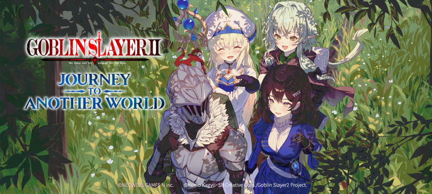 1boy 3girls armor backpack bag black_hair blonde_hair blue_dress breastplate brown_cloak brown_dust_(series) brown_dust_2 brown_eyes capelet cloak closed_eyes copyright_name dress elf goblin_slayer goblin_slayer! grass green_eyes green_hair hair_between_eyes hair_intakes hair_ornament hairclip hat helmet high_elf_archer_(goblin_slayer!) highres juliet_sleeves long_hair long_sleeves looking_at_another medium_hair multiple_girls official_art open_mouth pauldrons pointy_ears priestess_(goblin_slayer!) puffy_sleeves robe scheherazade_(brown_dust) scheherazade_(the_lapis_witch)_(brown_dust) second-party_source shoulder_armor smile sweater tall_grass vambraces very_long_hair walking white_capelet white_hat white_robe white_sweater