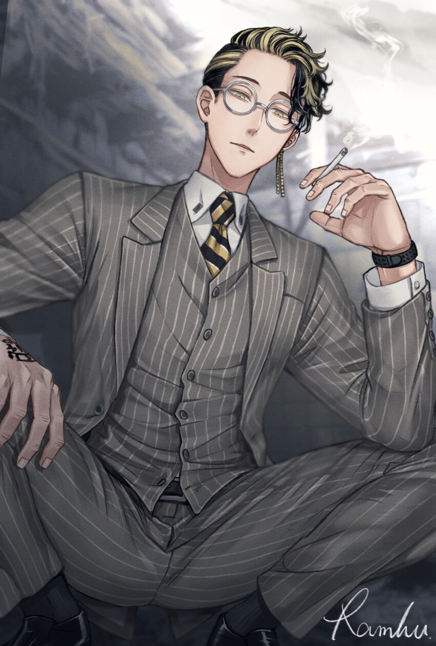 1boy artist_name belt belt_buckle black_belt black_hair black_necktie black_shoes black_socks blonde_hair buckle buttons cigarette collared_shirt commentary_request diagonal-striped_clothes diagonal-striped_necktie earrings formal_clothes glasses grey_jacket grey_pants grey_suit grey_vest hand_tattoo hand_up hanma_shuuji highres holding holding_cigarette jacket jewelry lapels long_sleeves looking_at_viewer male_focus multicolored_hair necktie open_clothes open_jacket pants parted_lips pinstripe_jacket pinstripe_pants pinstripe_pattern pinstripe_suit pinstripe_vest ramfu round_eyewear shirt shoes short_hair signature single_earring smoke smoking socks solo squatting streaked_hair striped_clothes suit tattoo tokyo_revengers vest watch white_shirt wing_collar wristwatch yellow_eyes yellow_necktie