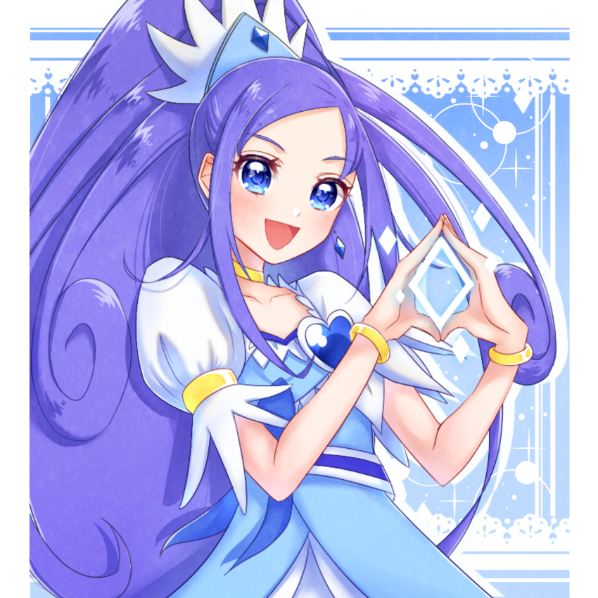 1girl blue_background blue_bow blue_eyes blue_hair bow bracelet brooch choker crystal_earrings cure_diamond diamond_hands dokidoki!_precure earrings hair_ornament heart heart_brooch high_ponytail highres hishikawa_rikka jewelry long_hair looking_at_viewer magical_girl open_mouth ponytail precure smile solo tanshi_tanshi upper_body wide_ponytail yellow_choker