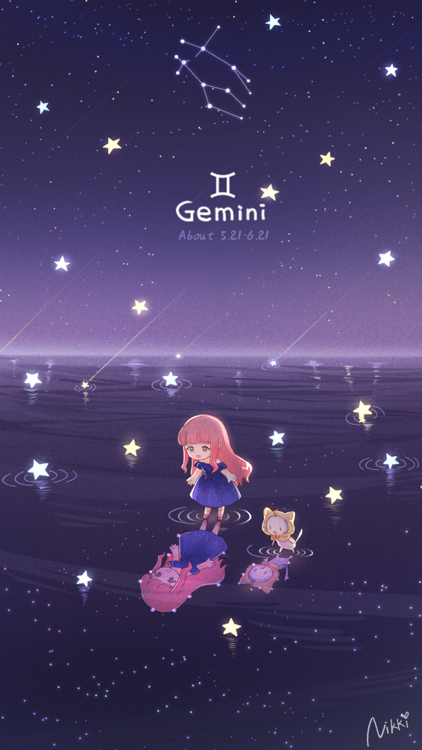 1girl brown_eyes cat character_name commentary constellation copyright_name dated dated_commentary dress english_commentary gemini_(constellation) gemini_(symbol) gemini_(zodiac) highres miracle_nikki momo_(nikki) night night_sky nikki_(nikki) nikki_(series) official_art open_mouth pink_hair purple_dress reflection reflective_water shining_nikki shooting_star sky standing standing_on_liquid star_(sky) starry_sky white_cat yellow_cloak zodiac