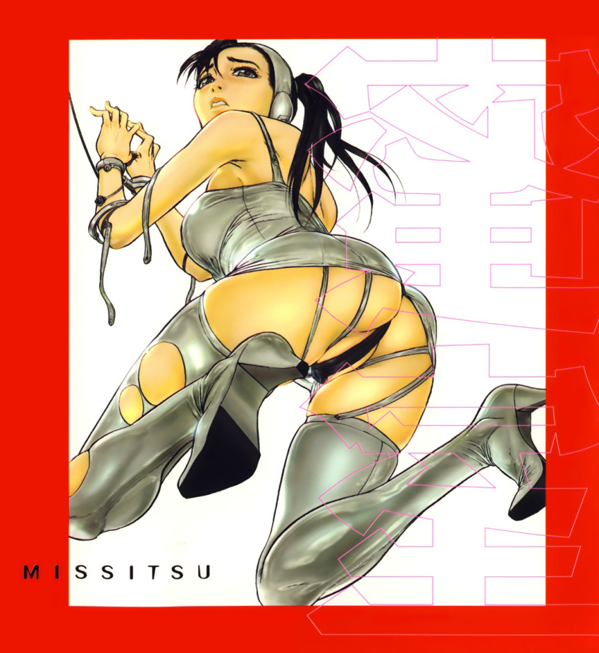 1girl ass bdsm beauty_hair black_hair bondage boots border bound breasts cuffs dress female_focus from_below g-string handcuffs headphones high_heel_boots high_heels highres kneeling large_breasts looking_back misshitsu missitsu panties pantyshot parted_lips ponytail red_border shoes short_dress skin_tight solo thigh_boots thighhighs thong translated underwear white_background