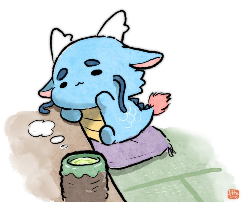 chibi choko_(cup) commentary_request cup cushion dragon eastern_dragon full_body green_tea highres hotathino indoors no_humans original sitting table tea white_background yunomi zabuton