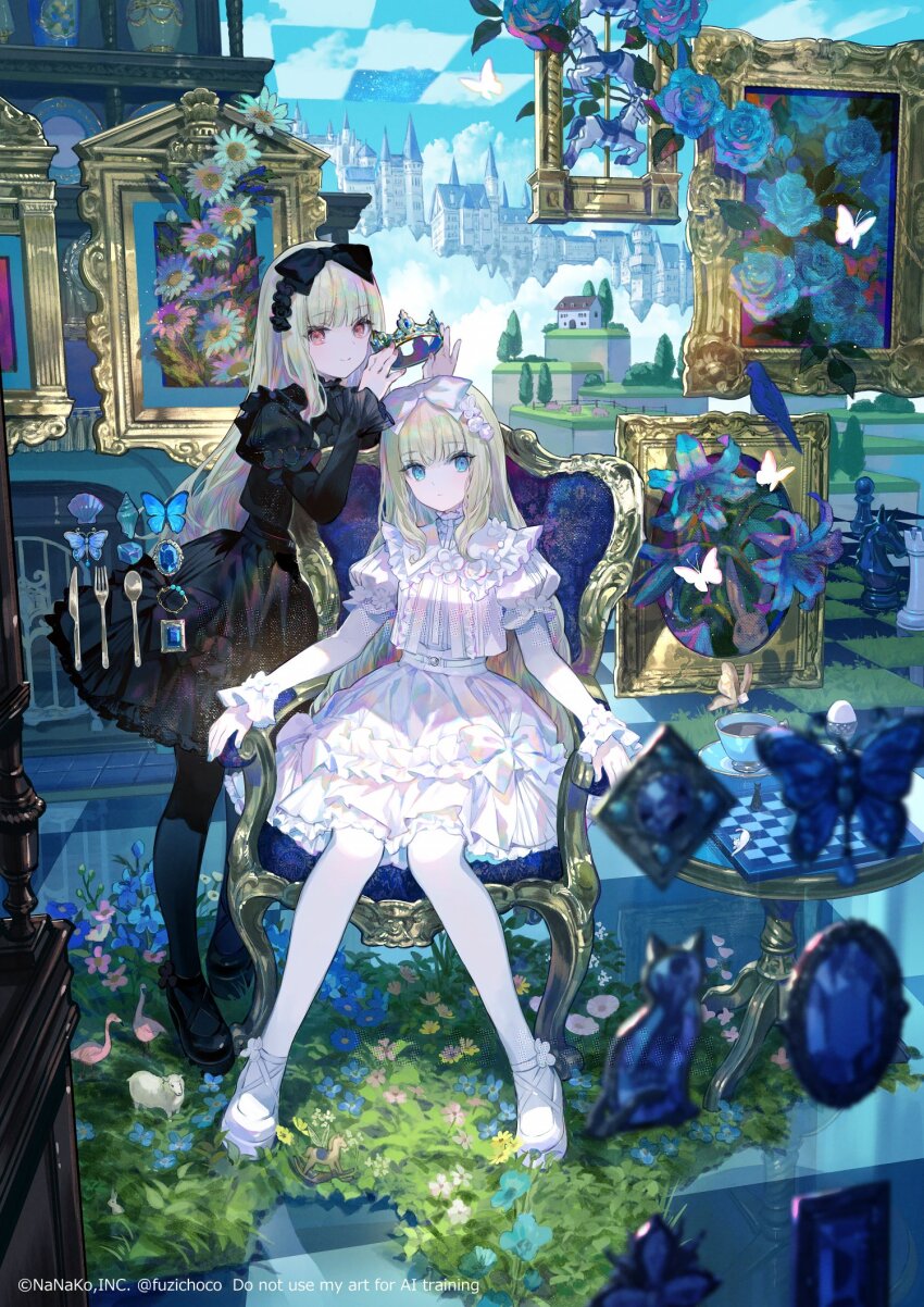 2girls animal_ears bird black_bow black_dress black_hairband black_pantyhose blonde_hair blue_eyes blue_flower blue_rose blue_sky bow cat chair character_request chess_piece chessboard clam_shell closed_mouth cloud cloudy_sky copyright_request crown dress egg egg_cup expressionless flower flower_request fork frilled_dress frilled_wrist_cuffs frills fuzichoco gem goose grass hair_bow hairband highres house jewelry knife knight_(chess) long_hair multiple_girls pantyhose parted_lips pawn_(chess) picture_frame plate puffy_short_sleeves puffy_sleeves red_eyes ring rook_(chess) rose sheep short_sleeves sitting sky smile spoon standing thighhighs tile_floor tiles tree twitter_username very_long_hair white_bow white_dress white_flower white_hairband white_thighhighs wolf_ears wrist_cuffs