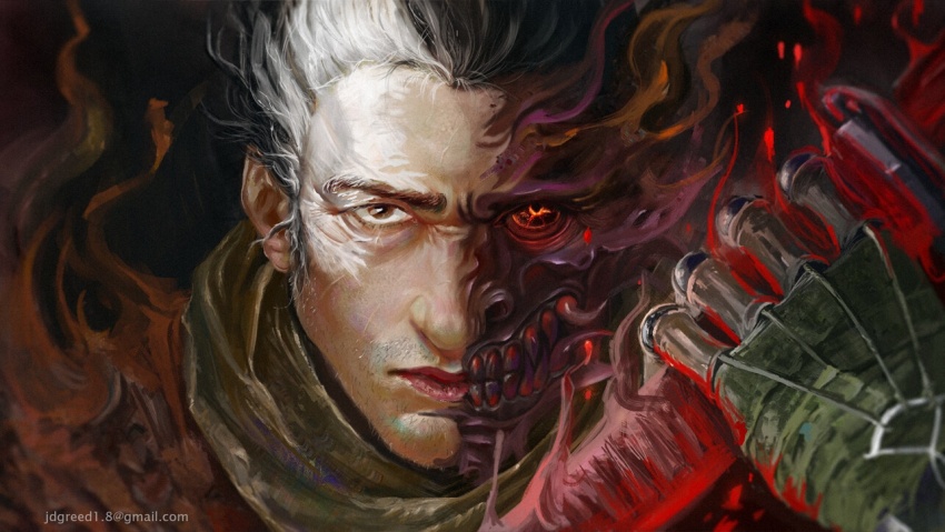 1boy alternate_form black_eyes black_hair brown_eyes closed_mouth coat embers facial_hair gmail grey_scarf holding holding_sword holding_weapon ikeda_(cpt) japanese_clothes katana kimono looking_at_viewer ninja orange_coat prosthesis prosthetic_arm scarf sekiro sekiro:_shadows_die_twice sharp_teeth shura_(sekiro) solo sword teeth torn_clothes torn_coat weapon white_hair yellow_eyes
