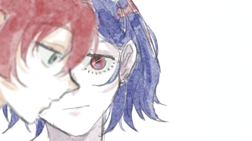 1boy 1girl amate_yuzuriha aqua_eyes blue_hair close-up commentary gundam gundam_gquuuuuux kumo_(sharonyann86798) lower_eyelashes_only red_eyes red_hair short_hair shuji_ito simple_background white_background