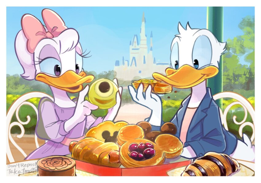 1boy 1girl bow bread castle character-themed_food daisy_duck disney disneyland donald_duck duck_boy duck_girl food looking_at_viewer mickey_mouse mike_wazowski monsters_inc. open_mouth pink_bow shirt smile takatmaorange
