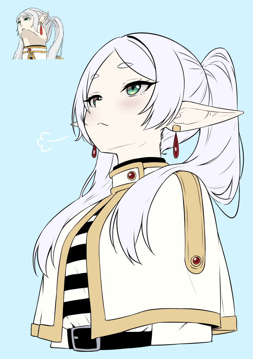 1girl absurdres belt black_belt blue_background blush capelet closed_mouth commentary earrings elf english_commentary frieren green_eyes grey_hair highres jewelry looking_up meme pointy_ears scrapy shirt simple_background solo sousou_no_frieren striped_clothes striped_shirt twintails upward_angle_frieren_drawing_(meme) white_capelet