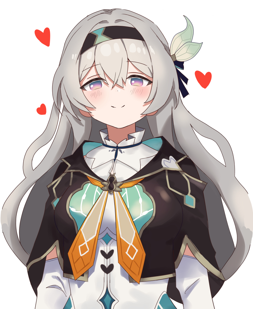 1girl absurdres black_hairband black_jacket blush breasts closed_mouth firefly_(honkai:_star_rail) grey_hair hair_intakes hairband heart highres hoduttang honkai:_star_rail honkai_(series) jacket looking_at_viewer medium_breasts neckerchief orange_neckerchief pink_eyes simple_background smile solo upper_body white_background