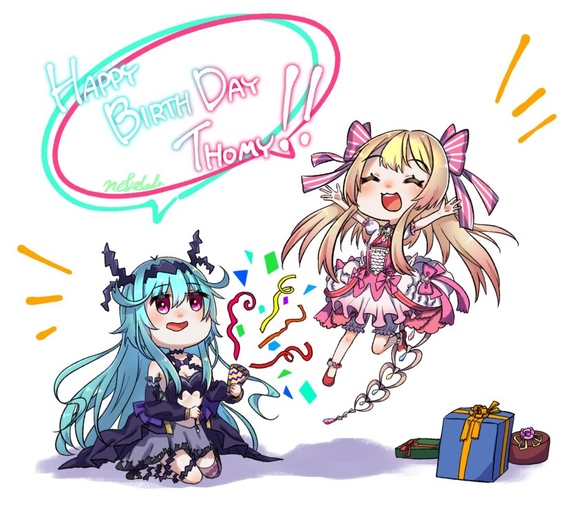 2girls aqua_hair blonde_hair chaos_aurora_(grimms_notes) chaos_marie_(grimms_notes) chibi chibi_only grimms_notes happy_birthday multiple_girls nekonekojr
