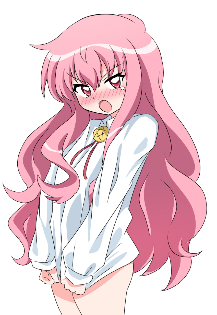 1girl :o angry blush collared_shirt commentary cowboy_shot embarrassed hair_between_eyes highres long_hair long_sleeves looking_at_viewer louise_francoise_le_blanc_de_la_valliere neck_ribbon no_pants nose_blush open_mouth pink_eyes pink_hair red_ribbon ribbon shirt shirt_tug sidelocks silky_(silky_illust) simple_background sleeves_past_wrists solo star_(symbol) tears v-shaped_eyebrows very_long_hair wavy_hair white_background white_shirt zero_no_tsukaima