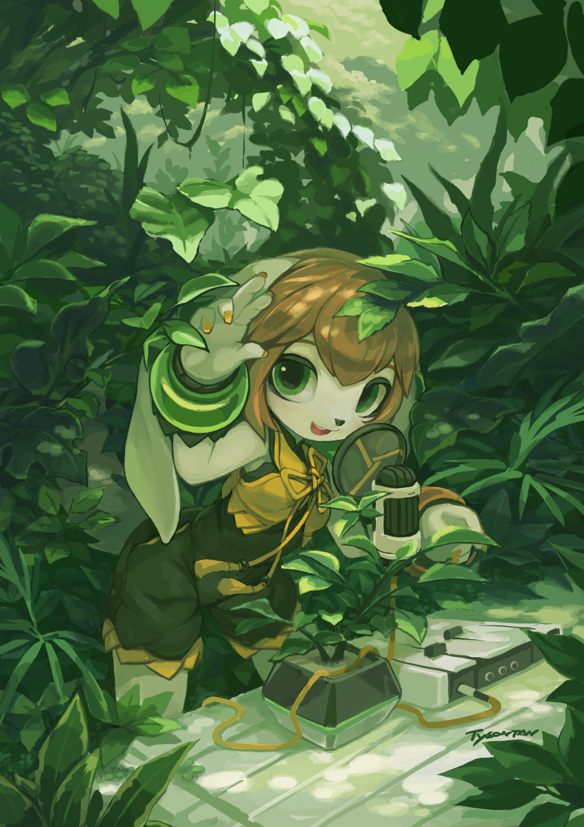 1girl 2016 absurdres ahoge animal_ears anklet bag barefoot basset_hound bracelet breasts cable chinese_clothes chinese_knot crop_top dappled_sunlight digitigrade dog dog_ears dog_girl dog_tail foliage forest freedom_planet freedom_planet_2 from_above furry furry_female green_eyes hand_up highres jewelry krita_(medium) leaf leaning_forward looking_at_viewer looking_up medium_breasts microphone milla_basset mixing_console nature non-web_source open_mouth orange_hair outdoors plant pop_filter potted_plant romper smile sunlight table tail tsurime tyson_tan upturned_eyes wooden_table wristband