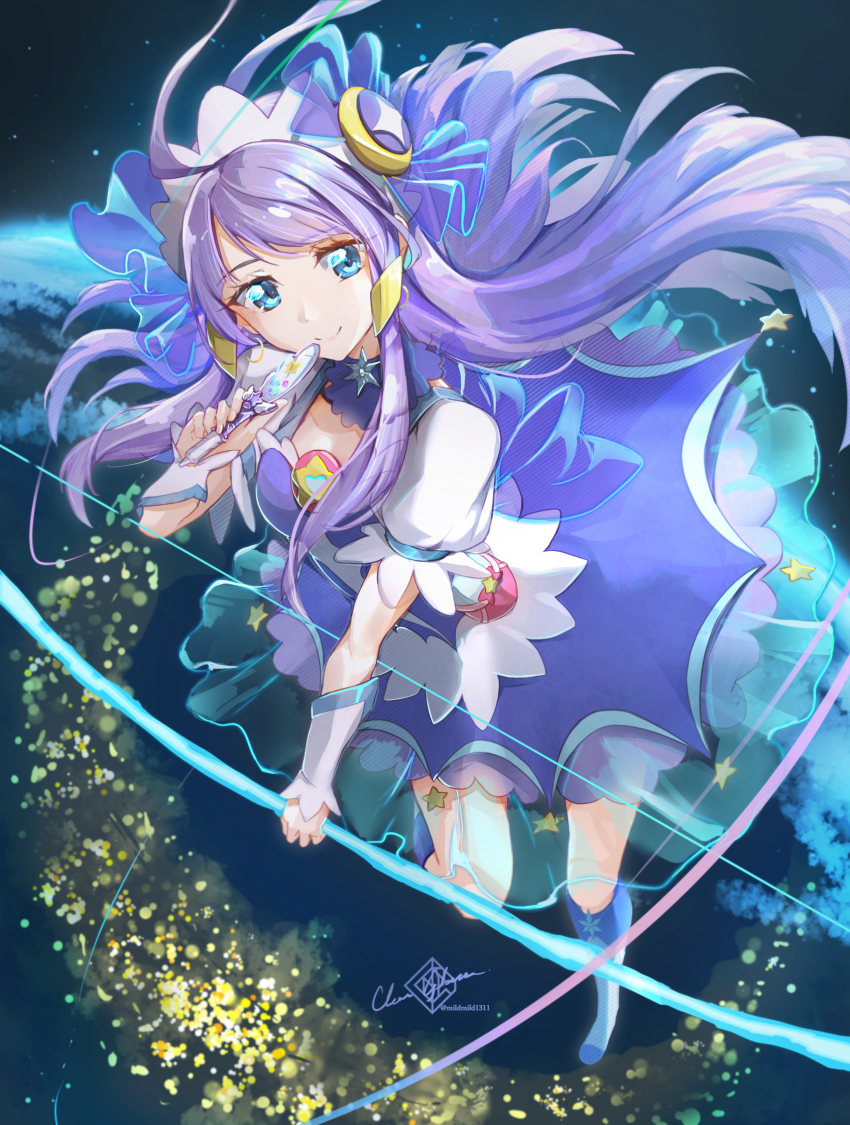 1girl ahoge blue_eyes boots bow_(weapon) choker clear_glass_(mildmild1311) crescent crescent_earrings cure_selene dress earrings hair_ornament heart_pouch highres jewelry kaguya_madoka long_hair looking_at_viewer magical_girl precure puffy_sleeves purple_choker purple_dress purple_hair rainbow_skirt short_sleeves smile solo space star_(sky) star_(symbol) star_color_pen star_color_pendant star_hair_ornament star_twinkle_precure very_long_hair weapon