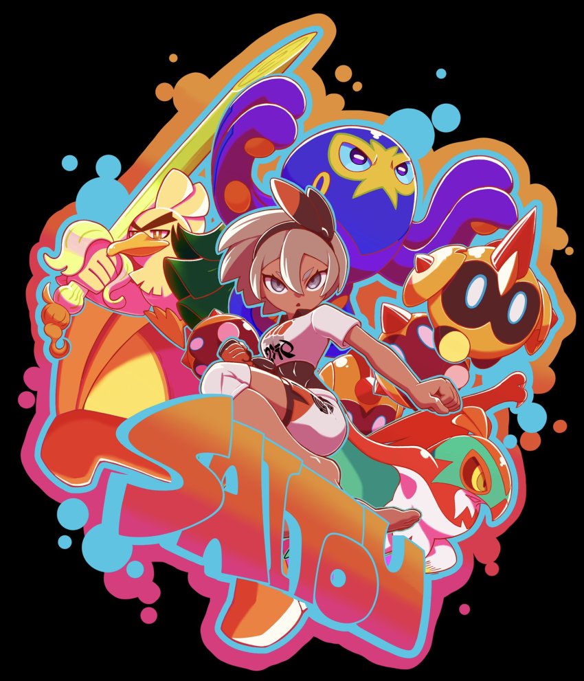 1girl barefoot bea_(pokemon) bear_ringer black_hairband blonde_hair bodysuit bodysuit_under_clothes bow_hairband character_name clenched_hands collared_shirt commentary_request falinks gen_6_pokemon gen_8_pokemon gloves grapploct grey_eyes hair_between_eyes hairband hawlucha highres knee_pads looking_at_viewer nintendo pokemon pokemon_(creature) pokemon_swsh print_shirt print_shorts shirt short_hair short_sleeves shorts side_slit side_slit_shorts single_glove sirfetch&#039;d