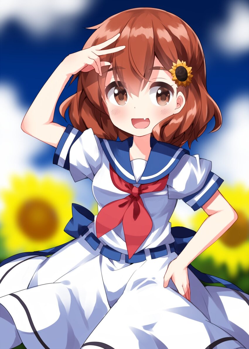 1girl :d arm_up blue_sailor_collar blurry blurry_background blush brown_eyes brown_hair commentary_request cowboy_shot day dress fang field flower flower_field hair_flower hair_ornament hand_on_own_hip highres inokuma_youko kin-iro_mosaic looking_at_viewer neckerchief open_mouth outdoors red_neckerchief ruu_(tksymkw) sailor_collar sailor_dress short_hair short_sleeves smile solo sunflower sunflower_field sunflower_hair_ornament v white_dress
